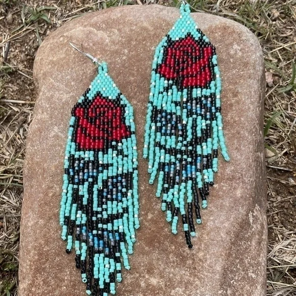 Rose Beaded Earrings, New, Handmade by Me - Picture 7 of 7